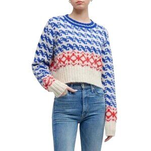 Mother the Wide Sleeve Crop Jumper Sweater Womens XL Blue Red White Crew Neck